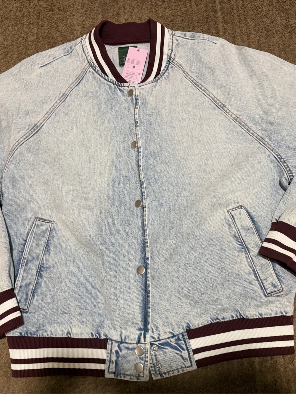 NEW Light Wash Denim Bomber Jacket with Burgundy Stripe Trim